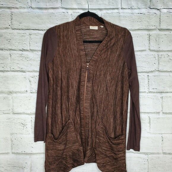 LOGO Lori Goldstein Medium Brown Knit Zip Up Cardigan Sweater Jacket A266500 XS - Picture 3 of 7